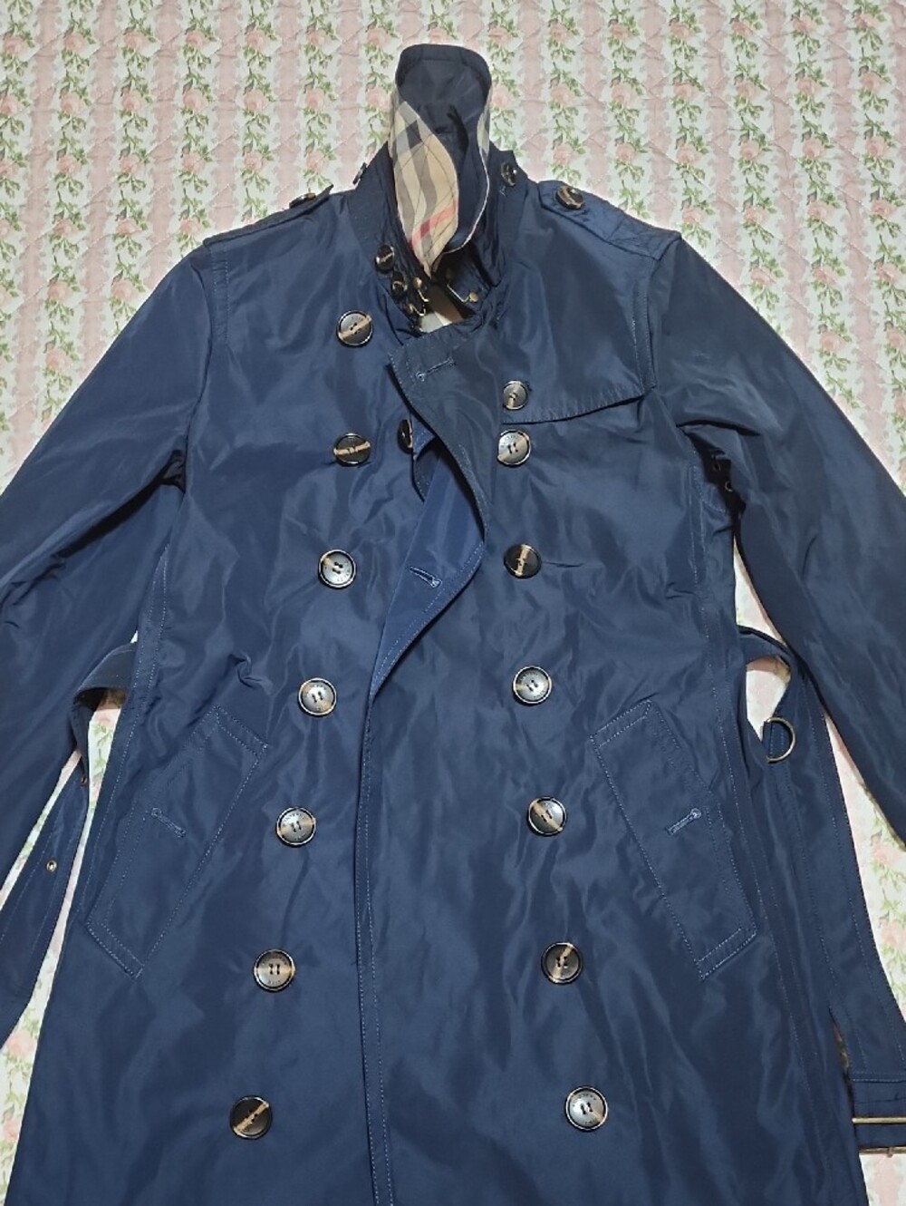 Burberry Brit 💖 Navy Double-Breasted Trench Coat with Check Collar 4